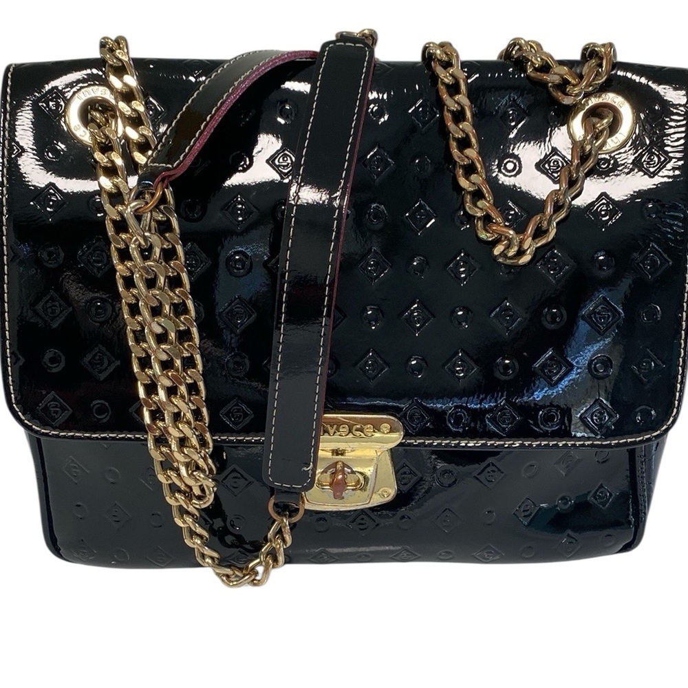Chic Black Patent Shoulder Bag with Gold Chain